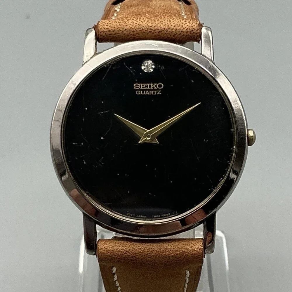 Vintage Seiko 7N00-8A49 Mens Watch 34mm Black Dial Diamond Leather New Battery
